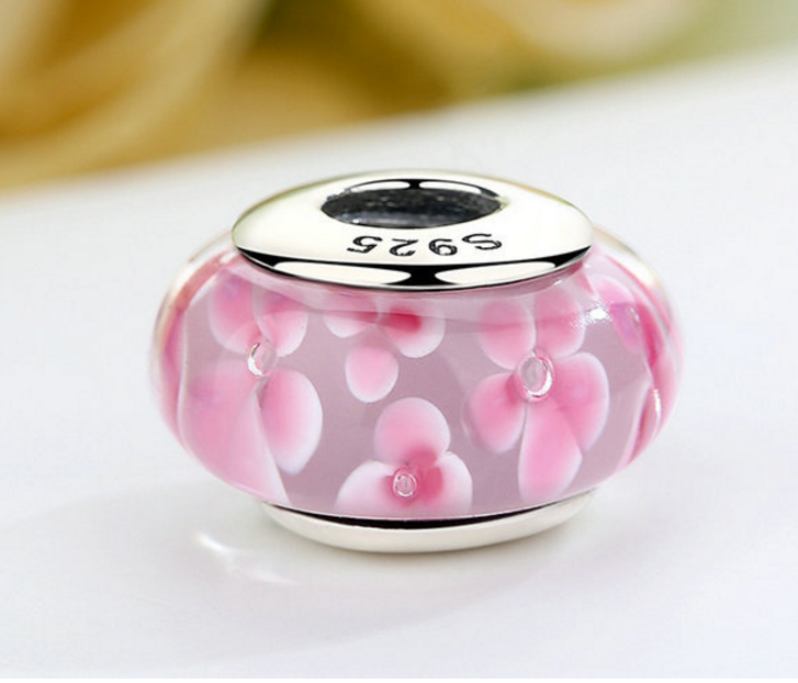 Sterling 925 silver charm pink floral murano bead pendant fits European bracelet Xaxe.com