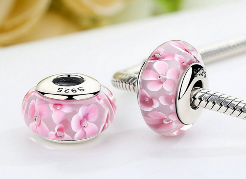 Sterling 925 silver charm pink floral murano bead pendant fits European bracelet Xaxe.com