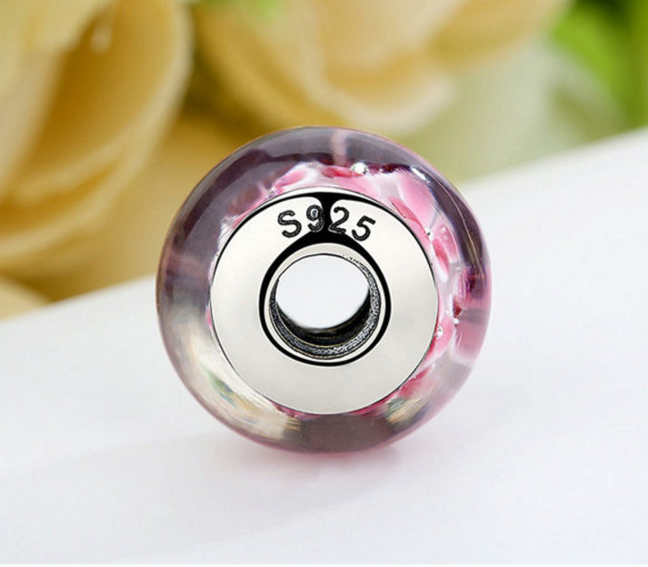 Sterling 925 silver charm pink floral murano bead pendant fits European bracelet Xaxe.com