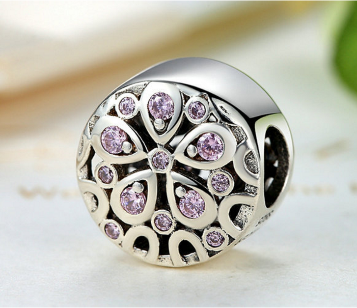 Sterling 925 silver charm pink floral petal pendant fits Pandora charm and European charm bracelet Xaxe.com