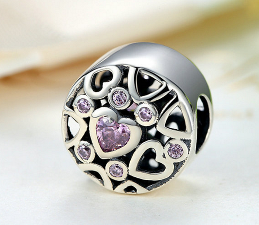 Sterling 925 silver charm pink love hollow pendant fits Pandora charm and European charm bracelet Xaxe.com