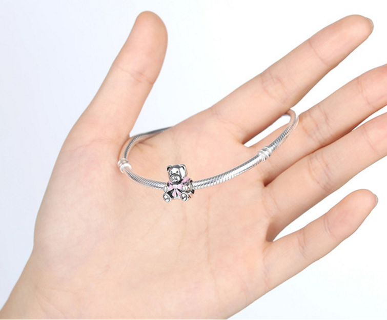 Sterling 925 silver charm pink ribbon bear bead pendant fits Pandora charm and European charm bracelet Xaxe.com