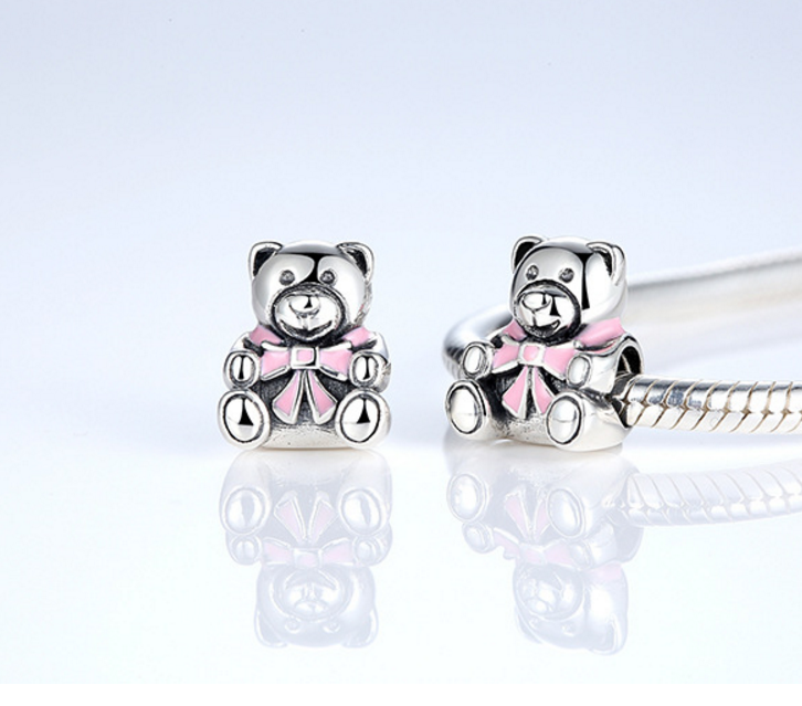 Sterling 925 silver charm pink ribbon bear bead pendant fits Pandora charm and European charm bracelet Xaxe.com