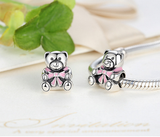 Sterling 925 silver charm pink ribbon bear bead pendant fits Pandora charm and European charm bracelet Xaxe.com