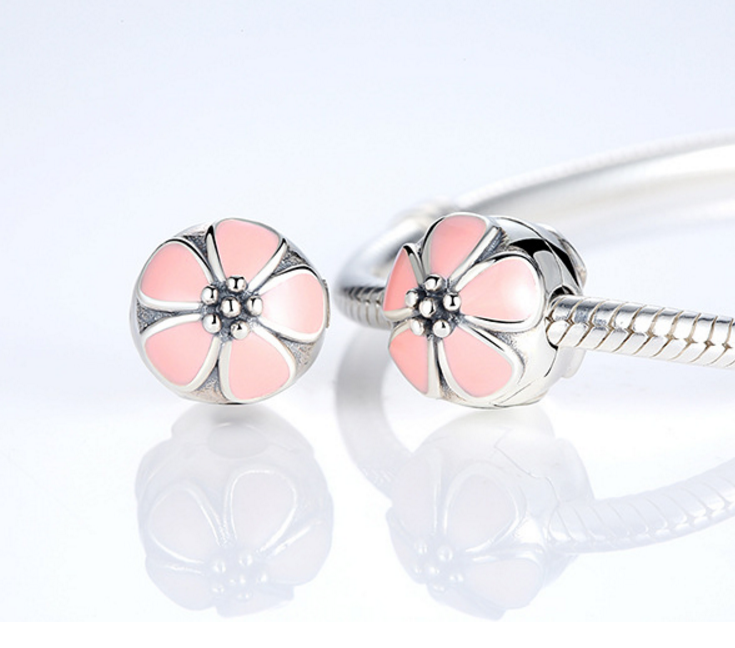 Sterling 925 silver charm pink sakura  bead pendant fits European style bracelet Xaxe.com