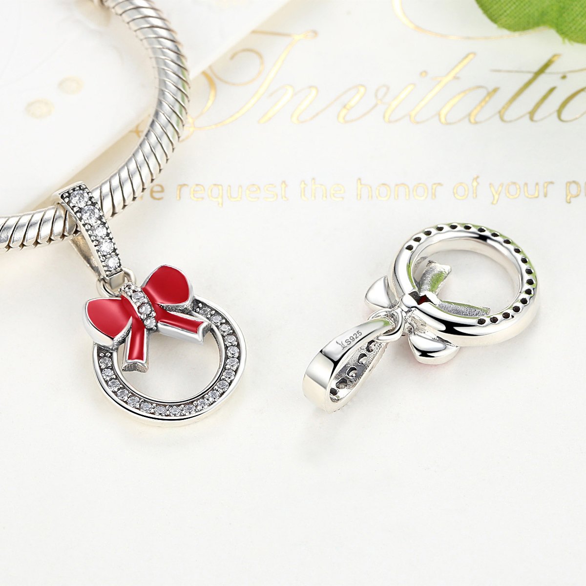 Sterling 925 silver charm red bow tie bead pendant fits Pandora charm and European charm bracelet Xaxe.com