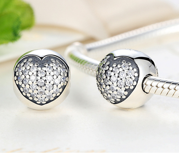 Sterling 925 silver charm round heart bead pendant fits European charm bracelet Xaxe.com