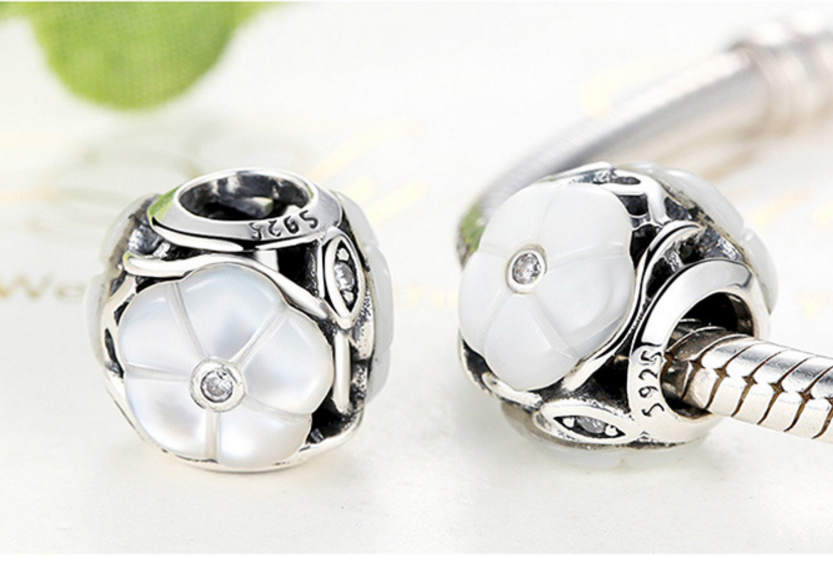 Sterling 925 silver charm shell white bead pendant fits European charm bracelet Xaxe.com