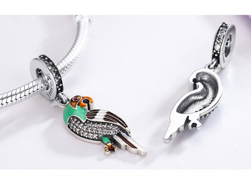 Sterling 925 silver charm the green parrot bead pendant fits Pandora charm and European charm bracelet Xaxe.com
