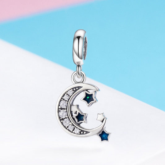 Sterling 925 silver charm the moon and blue star pendant fits Pandora charm and European charm bracelet Xaxe.com