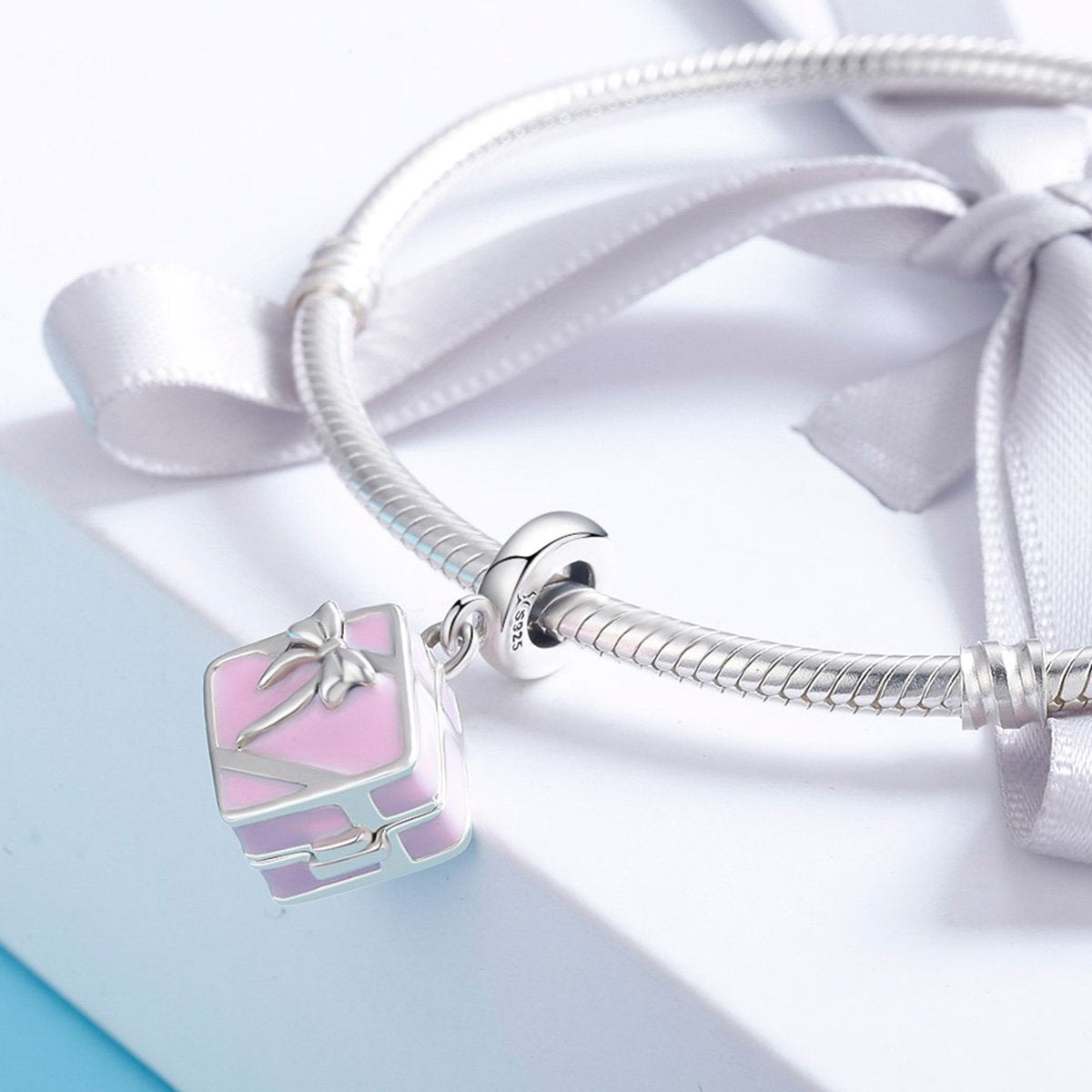 Sterling 925 silver charm the pink ring box bead pendant fits Pandora charm and European charm bracelet Xaxe.com