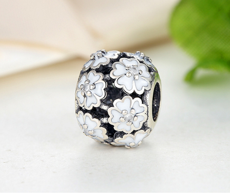 Sterling 925 silver charm white blossom bead pendant fits European style bracelet Xaxe.com
