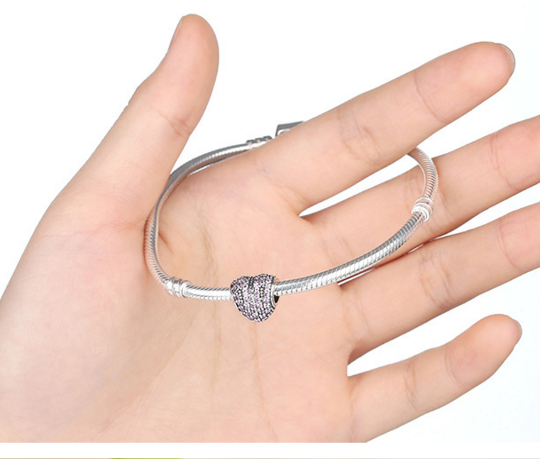 Sterling 925 silver charm zircon heart pink bead pendant fits European style bracelet Xaxe.com