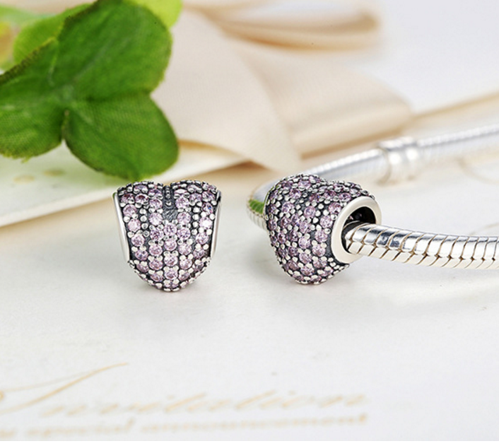Sterling 925 silver charm zircon heart pink bead pendant fits European style bracelet Xaxe.com