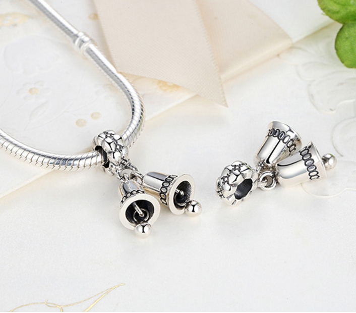 Sterling 925 silver double bells bead pendant fits Pandora charm and European bracelet Xaxe.com