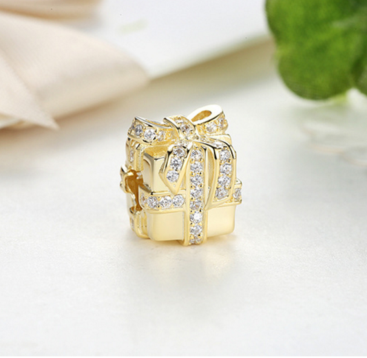 Sterling 925 silver golden supries box zirconia bead fits Pandora Chram and European bracelet Xaxe.com