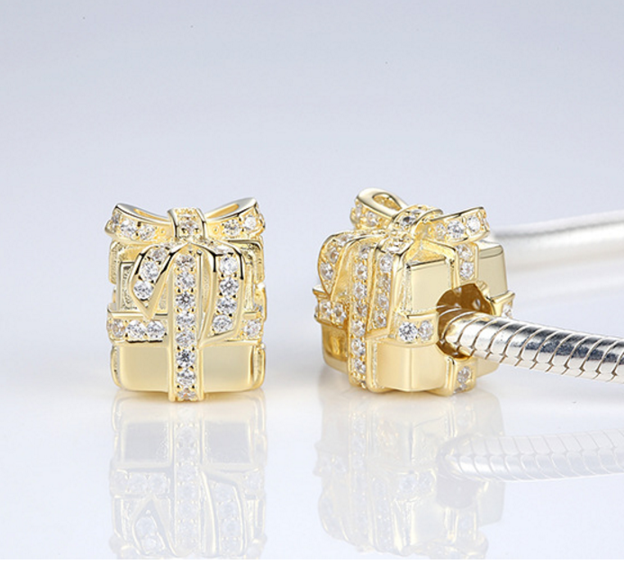 Sterling 925 silver golden supries box zirconia bead fits Pandora Chram and European bracelet Xaxe.com