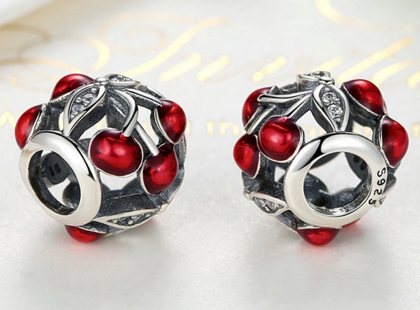 Sterling 925 silver red cherry boat bead pendant fits European charm bracelet Xaxe.com