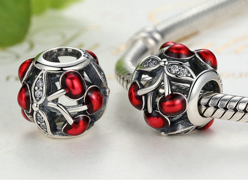 Sterling 925 silver red cherry boat bead pendant fits European charm bracelet Xaxe.com