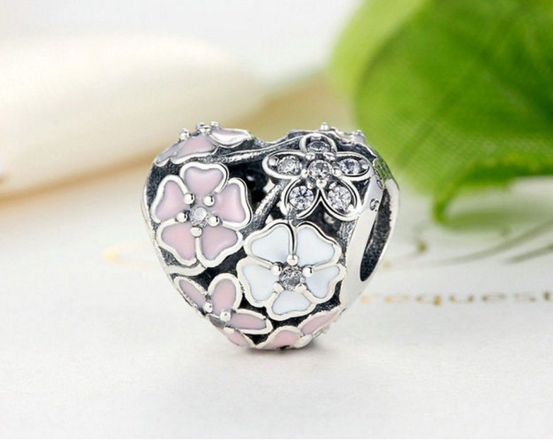 Sterling 925 silver sukura heart bead fits Pandora charm and European bracelet Xaxe.com