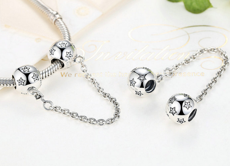 Sterling 925 stars beads with safe chain fits Pandora Charm and European bracelet. Xaxe.com