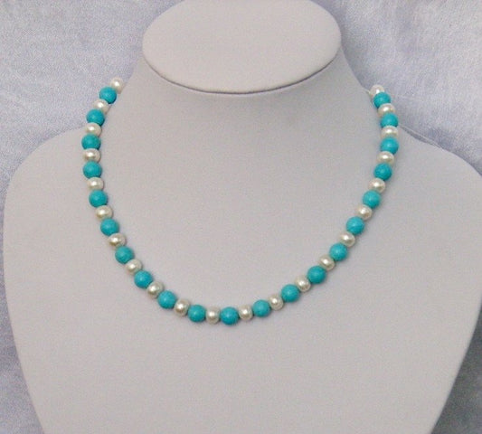 17" 8MM Fresh Water Pearls and Turquoise Necklace